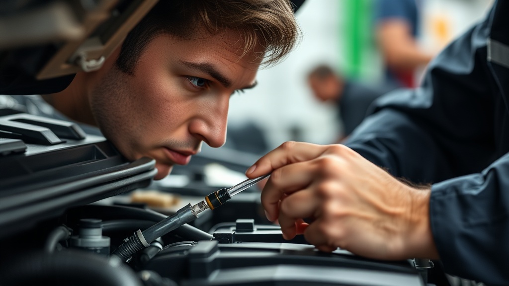 자동차 엔진룸을 점검하며 오일 상태를 확인하는 모습