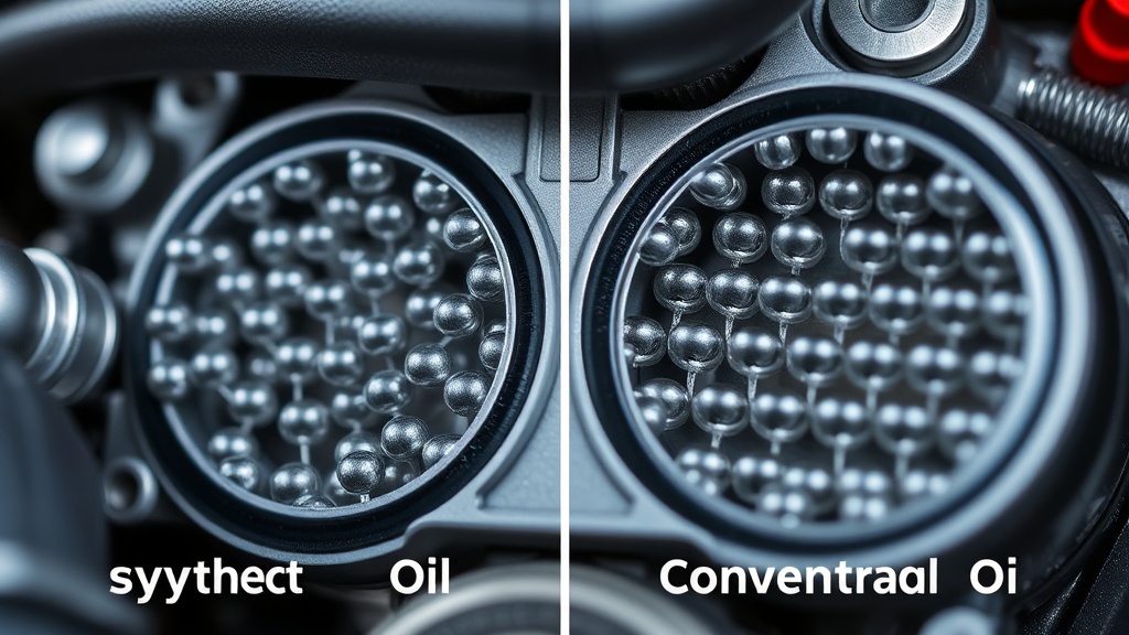 합성유와 광유의 분자 구조 차이를 시각적으로 나타낸 엔진 내부 이미지